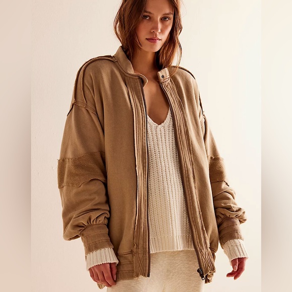 NEW Free People Lou Moto Zip Jacket In Greige - Picture 1 of 11